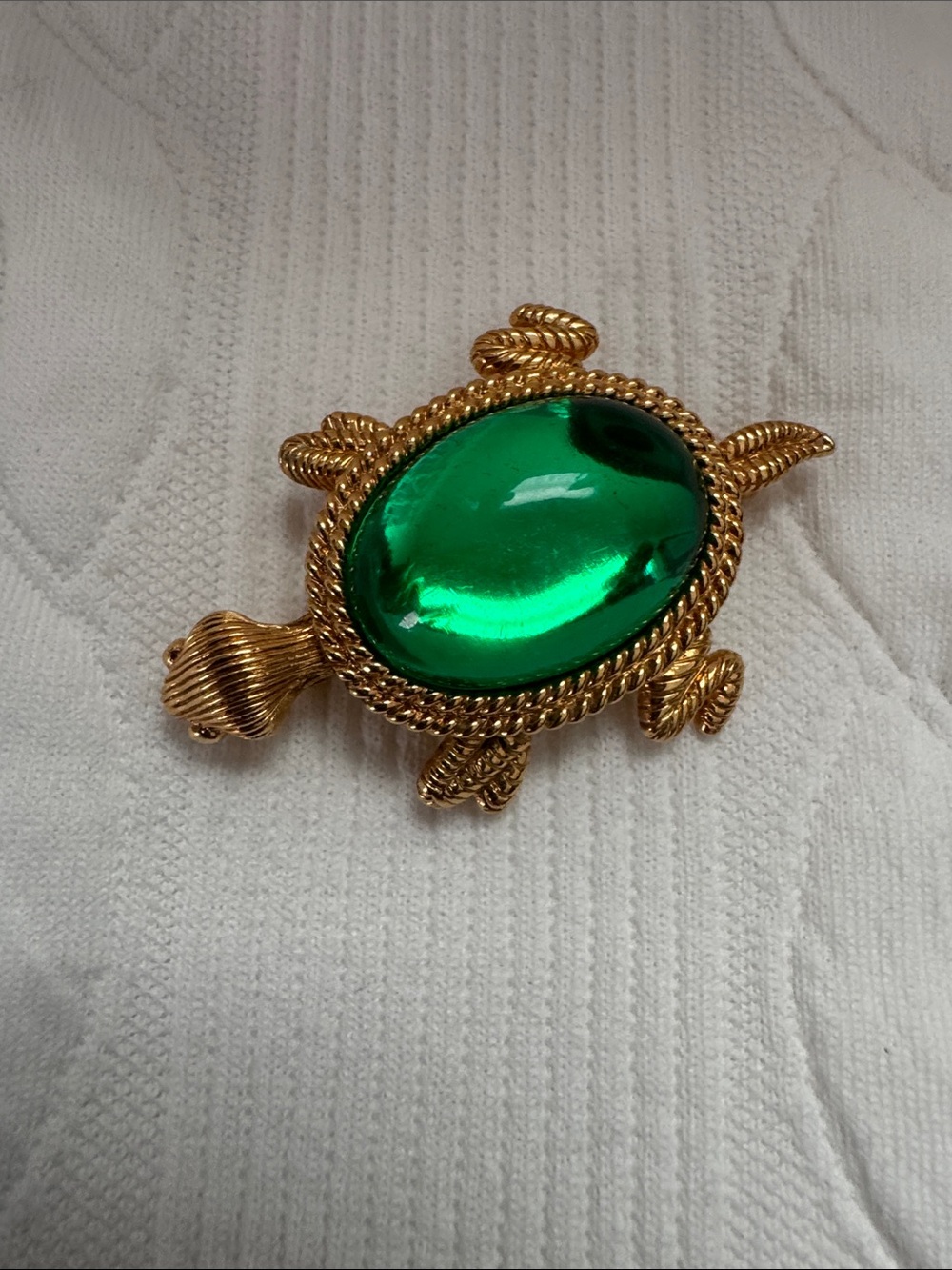 Vintage Napier Gold Turtle Brooch with Emerald Green Cabochon